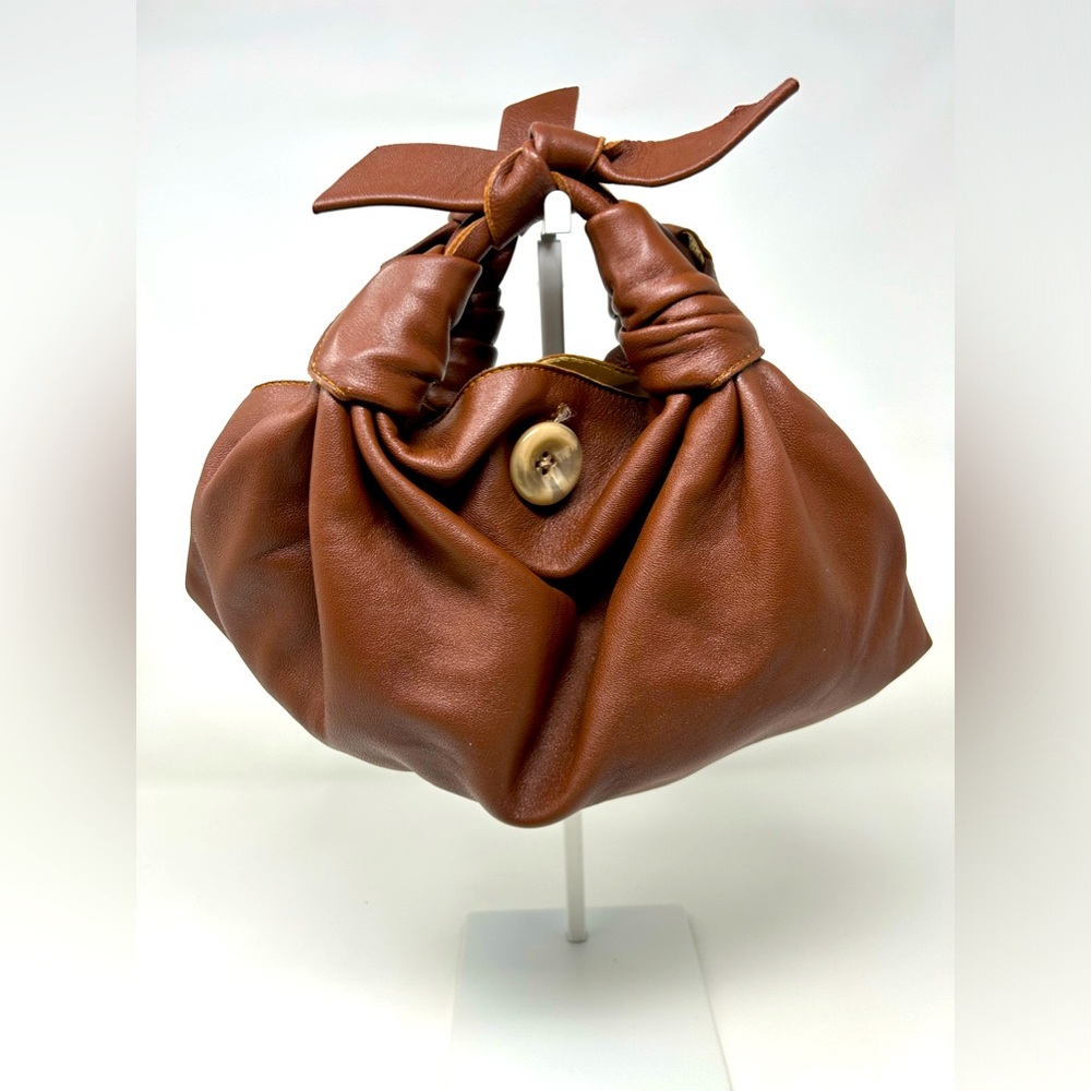 Gruzdeva Brown Soft Leather Knot Handle Bag with Button Closure